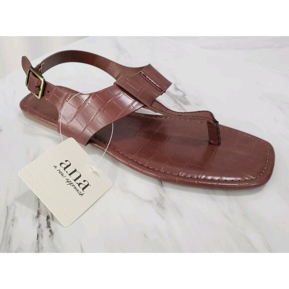 a.n.a - Womens Kate‎ T-Strap Flat Sandals Brown Cognac Faux Leather Crocodile 8 - Picture 1 of 8